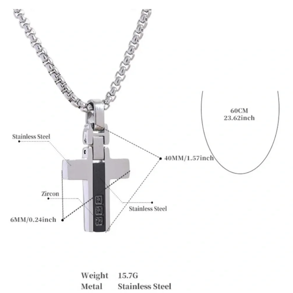 Mens Silver Enamel Zircon Cross Necklace